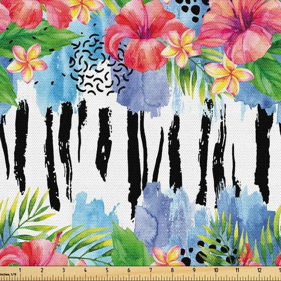 Ambesonne Tropical Fabric by the Yard Upholstery, Exotic Art Vertical Lines, 3 Yards, Dark Coral and Fern Green