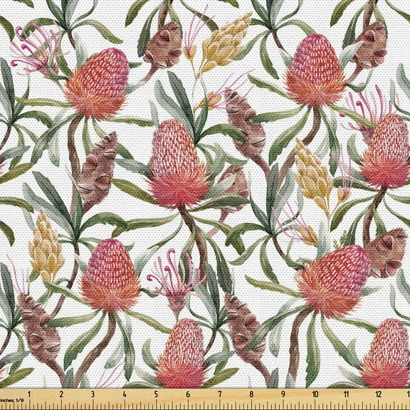 Ambesonne Tropical Fabric by the Yard Upholstery, Exotic Botanical Motifs, 2 Yards, Dark Salmon and Olive Green
