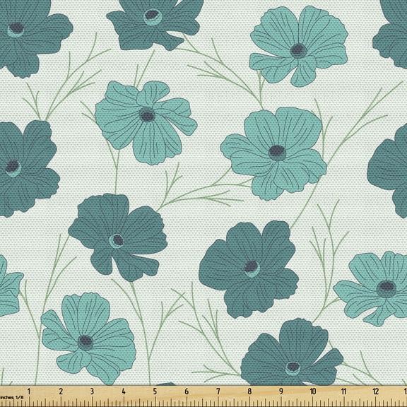 Ambesonne Tropical Fabric by the Yard Upholstery, Exotic Flowers Plain Back, 1 Yard, Pale Petrol Blue Teal
