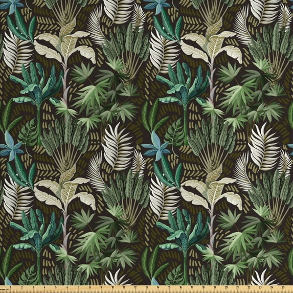 Ambesonne Tropical Fabric by the Yard Upholstery, Exotic Hawaii Plants Art, 3 Yards, Seal Brown Multicolor