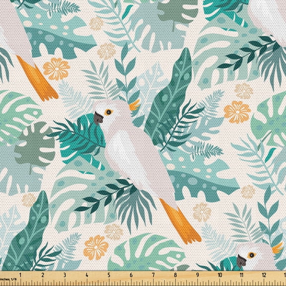Ambesonne Tropical Fabric by the Yard Upholstery, Exotic Leaf Flower Parrot, 1 Yard, Pale Teal Marigold