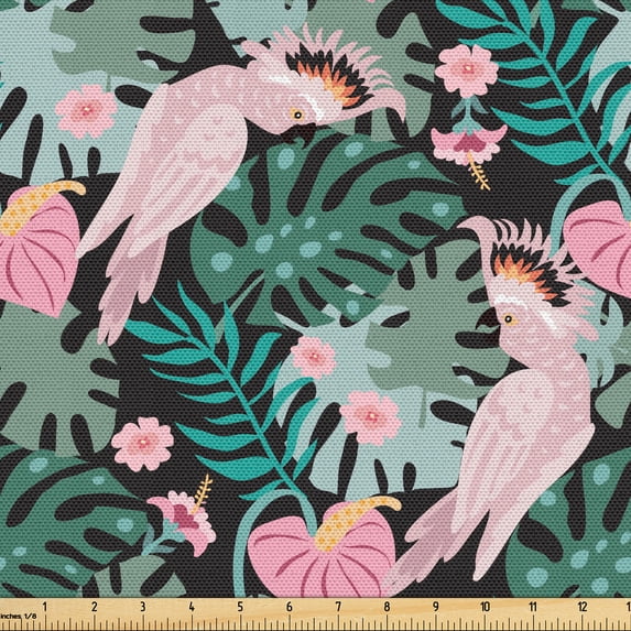 Ambesonne Tropical Fabric by the Yard Upholstery, Exotic Leaves Cockatoos, 3 Yards, Laurel Green and Pale Pink