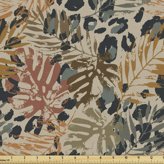 Ambesonne Tropical Fabric by the Yard Upholstery, Exotic Leaves Grunge Art, 1 Yard, Cinnamon and Green Brown