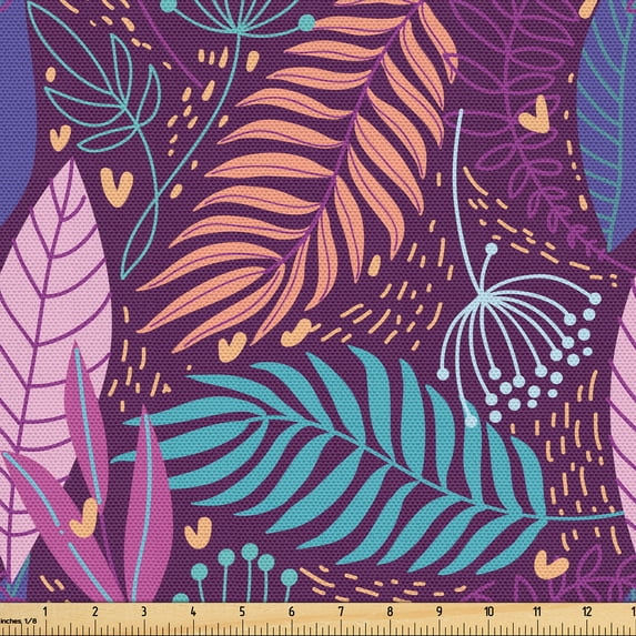 Ambesonne Tropical Fabric by the Yard Upholstery, Exotic Leaves Hearts Art, 10 Yards, Sand Brown and Dark Purple