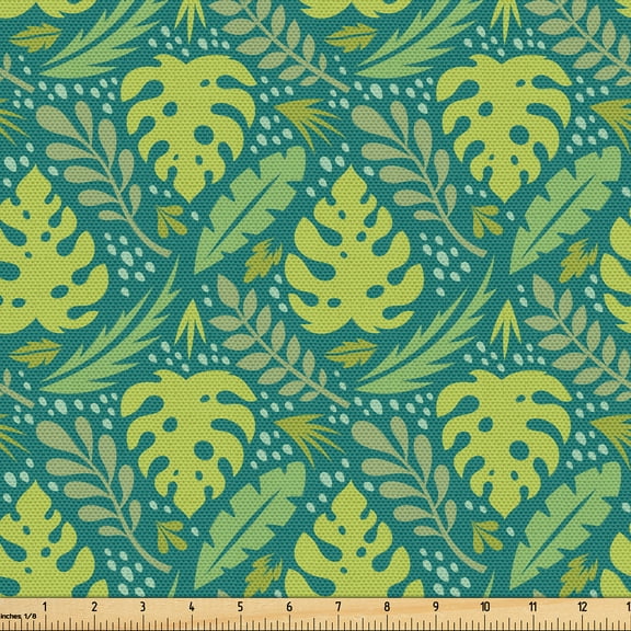 Ambesonne Tropical Fabric by the Yard Upholstery, Exotic Leaves With Dots, 1 Yard, Apple Green and Teal
