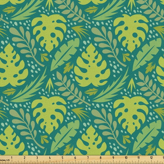 Ambesonne Tropical Fabric by the Yard Upholstery, Exotic Leaves With Dots, 3 Yards, Apple Green and Teal
