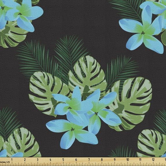 Ambesonne Tropical Fabric by the Yard Upholstery, Exotic Leaves and Plumeria, 5 Yards, Charcoal Grey Multicolor