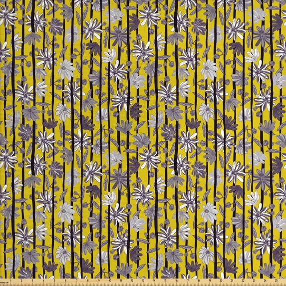Ambesonne Tropical Fabric by the Yard Upholstery, Exotic Lily Blossoms, 3 Yards, Yellow Dimgray Black