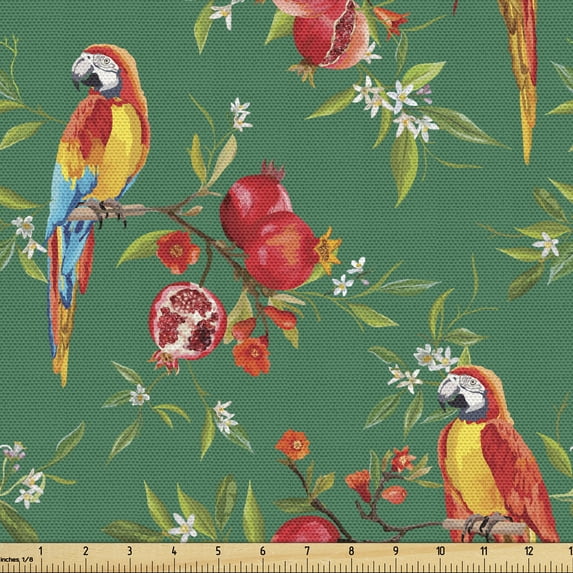 Ambesonne Tropical Fabric by the Yard Upholstery, Exotic Parrot Pomegranate, 1 Yard, Jade Green and Multicolor