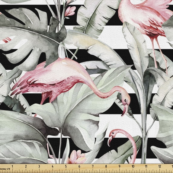Ambesonne Tropical Fabric by the Yard Upholstery, Flamingo Exotic Leaves Art, 2 Yards, Pink and Sage Green