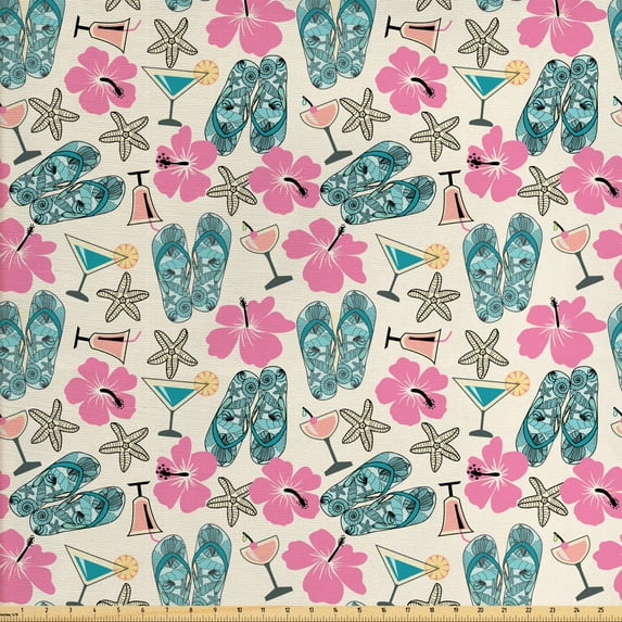 Ambesonne Tropical Fabric by the Yard Upholstery, Flip Flops and Starfishes, 10 Yards, Multicolor