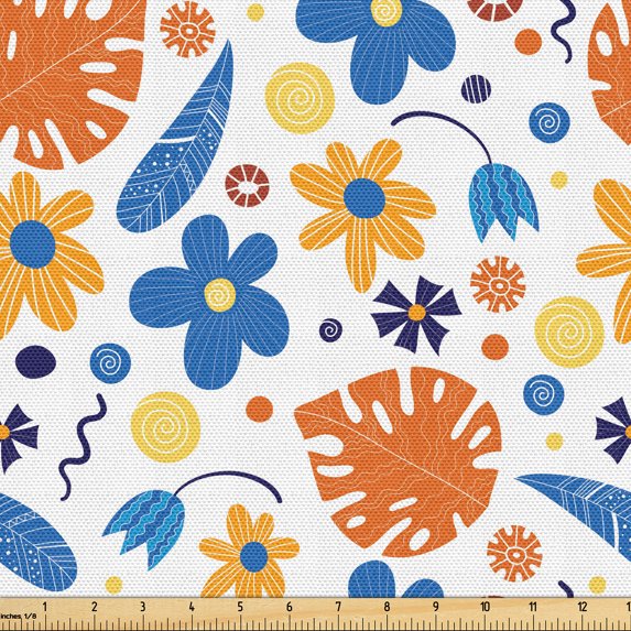 Ambesonne Tropical Fabric by the Yard Upholstery, Flower Monstera Line Dot, 5 Yards, Pale Orange and Cobalt Blue
