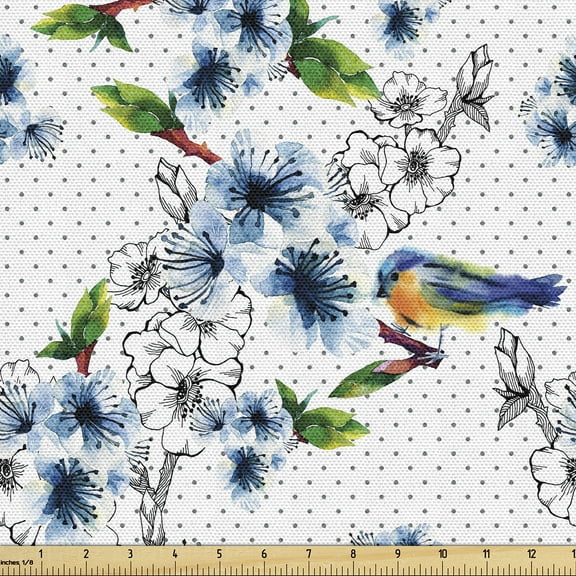 Ambesonne Tropical Fabric by the Yard Upholstery, Flowers Branch Birds Art, 3 Yards, Dark Green and Deep Sky Blue