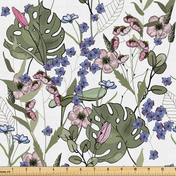 Ambesonne Tropical Fabric by the Yard Upholstery, Flowers Monstera Exotic, 2 Yards, Sage Green and Grey Pink