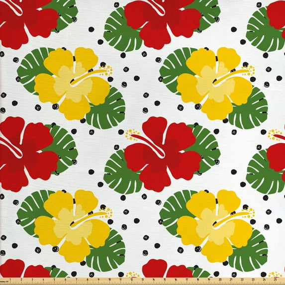 Ambesonne Tropical Fabric by the Yard Upholstery, Grunge Dots and Hibiscus, 3 Yards, White Multicolor