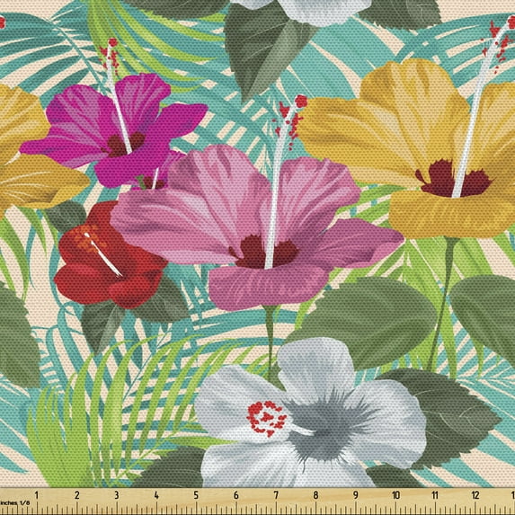 Ambesonne Tropical Fabric by the Yard Upholstery, Hibiscus Island Plants, 3 Yards, Multicolor