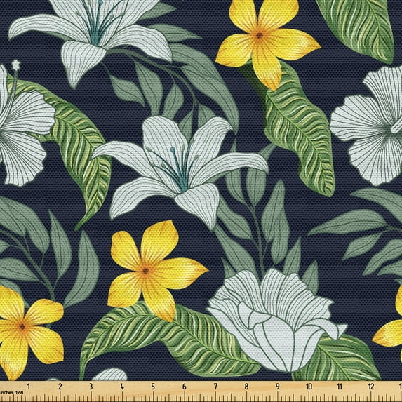 Ambesonne Tropical Fabric by the Yard Upholstery, Hibiscus Plumeria Leaf Art, 5 Yards, Navy Blue Earth Yellow