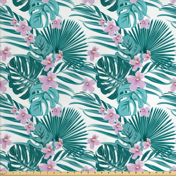 Ambesonne Tropical Fabric by the Yard Upholstery, Jungle Coconut Monstera, 2 Yards, Dark Teal and Purple