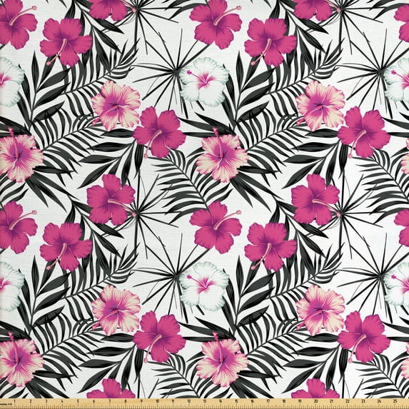 Ambesonne Tropical Fabric by the Yard Upholstery, Leaf Background Floral, 3 Yards, Charcoal Grey Magenta