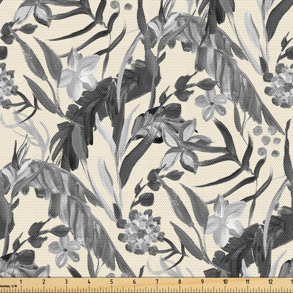 Ambesonne Tropical Fabric by the Yard Upholstery, Leaves Flowers Exotic Plot, 1 Yard, Pale Grey and Eggshell