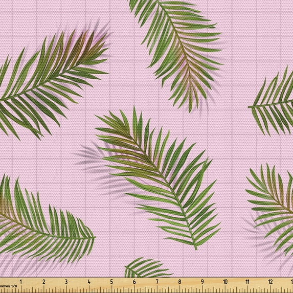 Ambesonne Tropical Fabric by the Yard Upholstery, Leaves on Checkered Back, 1 Yard, Soft Pink and Slate Brown