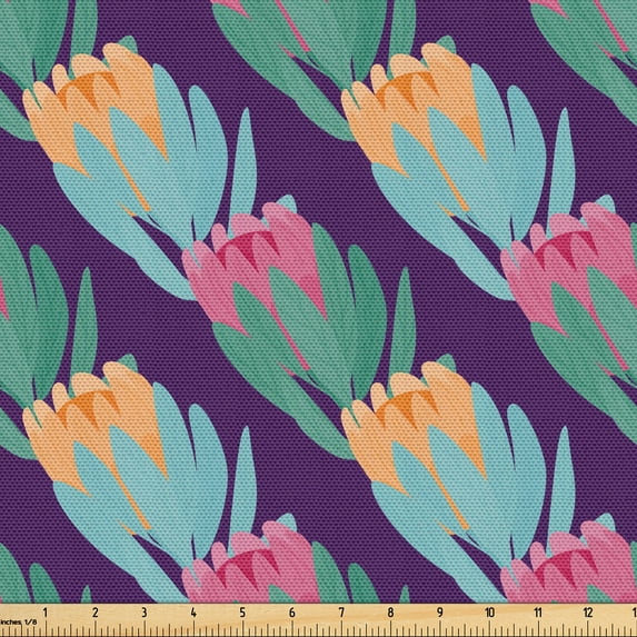Ambesonne Tropical Fabric by the Yard Upholstery, Modern Art Protea Flowers, 5 Yards, Sand Brown and Dark Purple