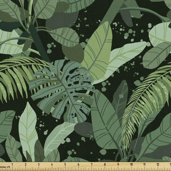 Ambesonne Tropical Fabric by the Yard Upholstery, Nature Exotic Leaves Art, 10 Yards, Fern Green Black