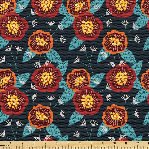 Ambesonne Tropical Fabric by the Yard Upholstery, Orange-Tone Flowers Art, 2 Yards, Paprika and Cadet Blue