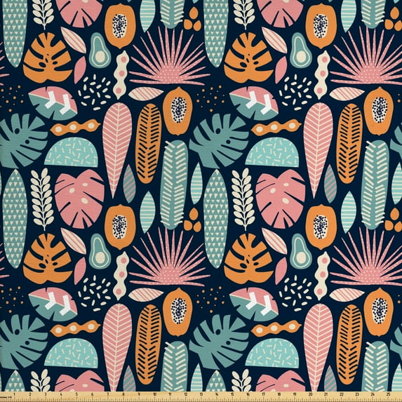 Ambesonne Tropical Fabric by the Yard Upholstery, Ornamental Jungle Elements, 3 Yards, Multicolor