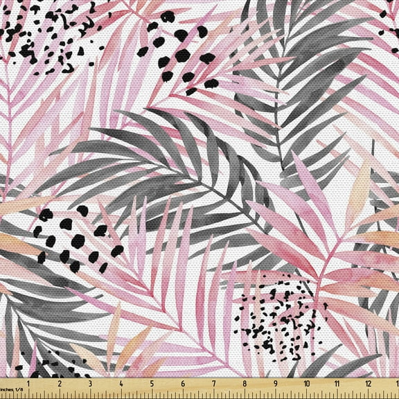 Ambesonne Tropical Fabric by the Yard Upholstery, Overlapped Palm Leaves, 5 Yards, Dark Coral Grey and White