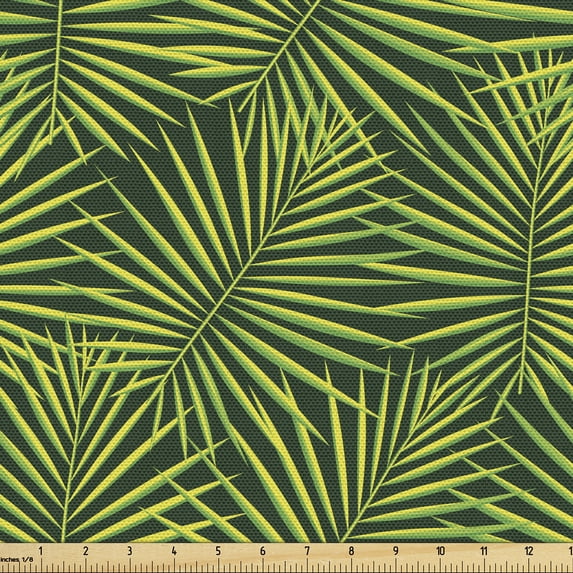 Ambesonne Tropical Fabric by the Yard Upholstery, Palm Leaves Overlapping, 5 Yards, Fern Green and Mustard
