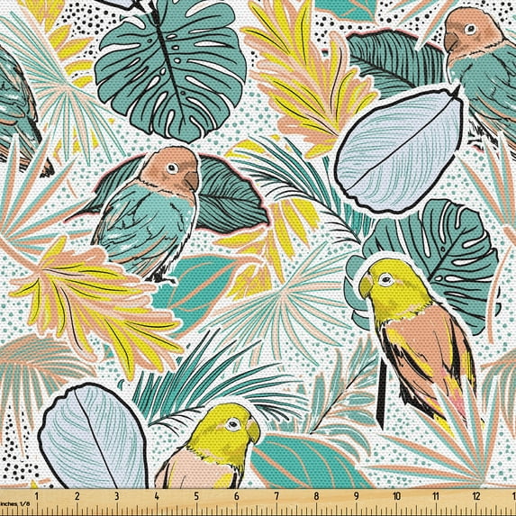 Ambesonne Tropical Fabric by the Yard Upholstery, Palm Leaves Parrots Art, 10 Yards, Pale Teal Yellow and Seafoam