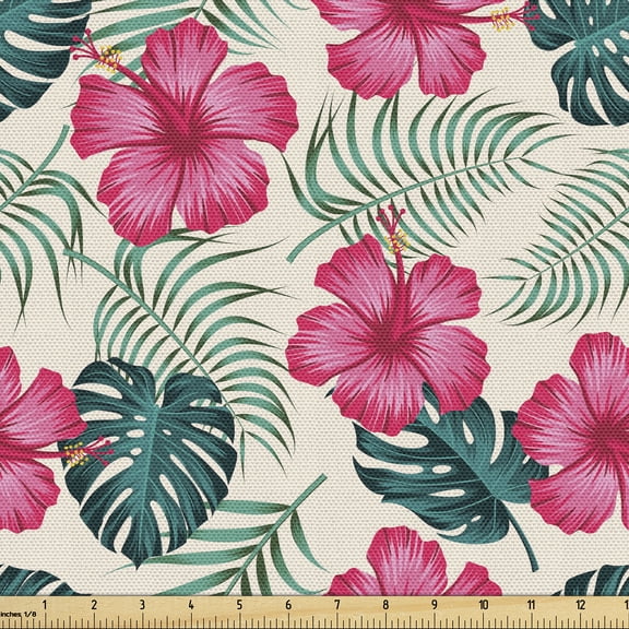Ambesonne Tropical Fabric by the Yard Upholstery, Palm Monstera Hibiscus Art, 1 Yard, Pastel Pink and Dark Teal