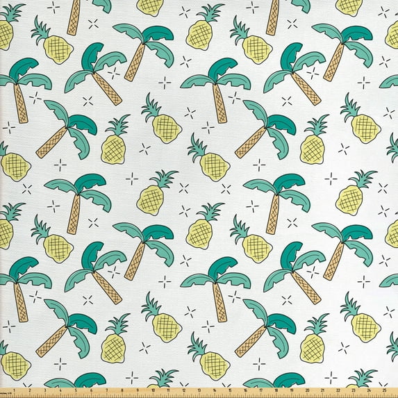 Ambesonne Tropical Fabric by the Yard Upholstery, Pine Trees and Pineapples, 10 Yards, White Seafoam
