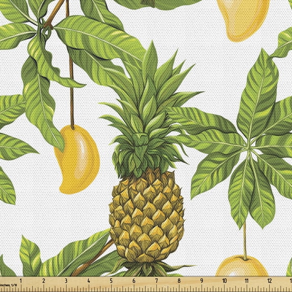 Ambesonne Tropical Fabric by the Yard Upholstery, Pineapple Mango Palmatia, 1 Yard, White Multicolor