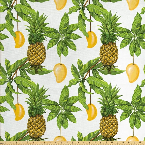 Ambesonne Tropical Fabric by the Yard Upholstery, Pineapple Mango Palmatia, 10 Yards, White Multicolor