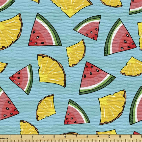 Ambesonne Tropical Fabric by the Yard Upholstery, Pineapple Watermelon Slice, 3 Yards, Dark Coral and Earth Yellow