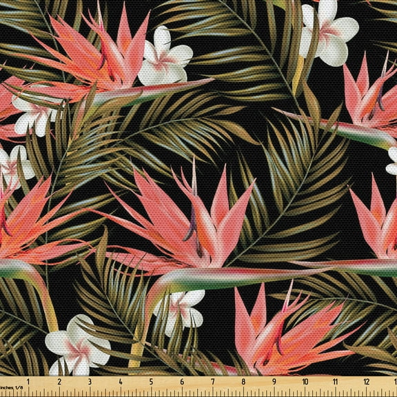 Ambesonne Tropical Fabric by the Yard Upholstery, Plumeria Strelitzia Flower, 2 Yards, Dark Coral and Fern Green