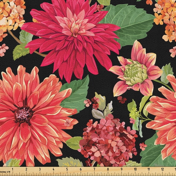 Ambesonne Tropical Fabric by the Yard Upholstery, Red Aster Flowers Pattern, 1 Yard, Dark Coral and Fern Green