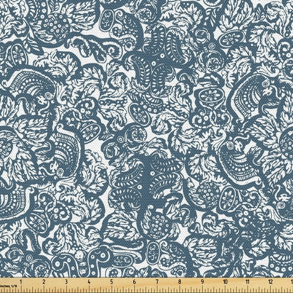 Ambesonne Tropical Fabric by the Yard Upholstery, Sketch Style Drawn Flora, 5 Yards, Slate Blue White and Grey