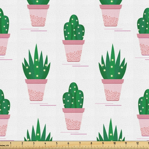 Ambesonne Tropical Fabric by the Yard Upholstery, Succulent Cactus in Pots, 10 Yards, Forest Green and Pastel Pink