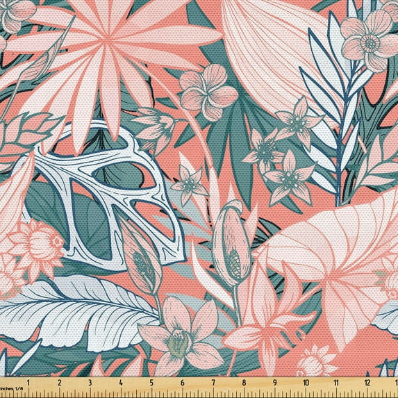 Ambesonne Tropical Fabric by the Yard Upholstery, Syngonium Dracaena Leaves, 10 Yards, Coral Dark Cadet Blue