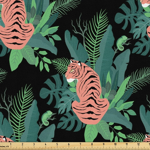 Ambesonne Tropical Fabric by the Yard Upholstery, Tiger and Chameleon Print, 1 Yard, Salmon Peacock Green