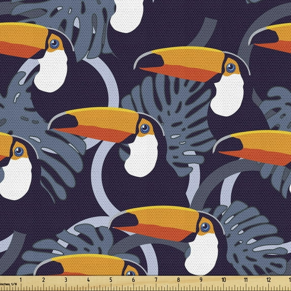 Ambesonne Tropical Fabric by the Yard Upholstery, Toucan Birds Monstera Leaf, 10 Yards, Dark Purple Orange