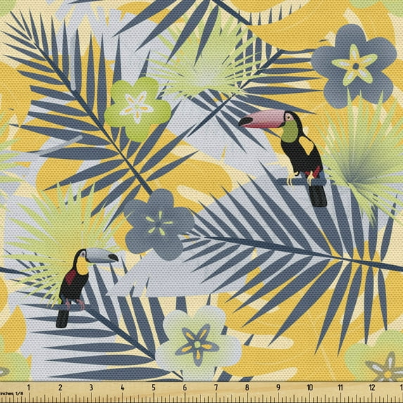 Ambesonne Tropical Fabric by the Yard Upholstery, Toucan in Exotic Forest, 5 Yards, Multicolor