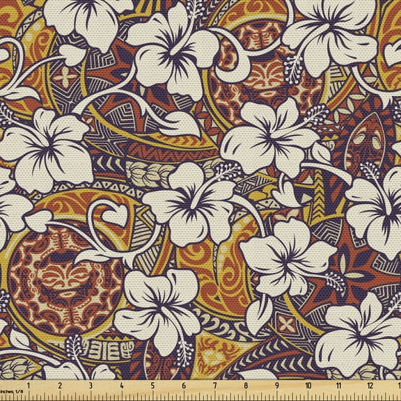 Ambesonne Tropical Fabric by the Yard Upholstery, Tribal Hibiscus Tattoo Art, 1 Yard, Cinnamon and Earth Yellow