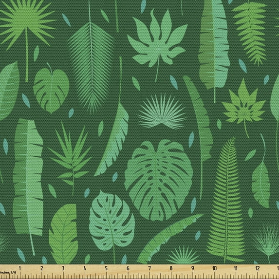 Ambesonne Tropical Fabric by the Yard Upholstery, Various Jungle Elements, 5 Yards, Fern Green Hunter Green