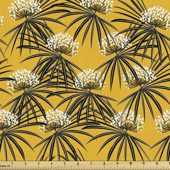 Ambesonne Tropical Fabric by the Yard Upholstery, Vivid Wild Flowers Scene, 3 Yards, Yellow Grey