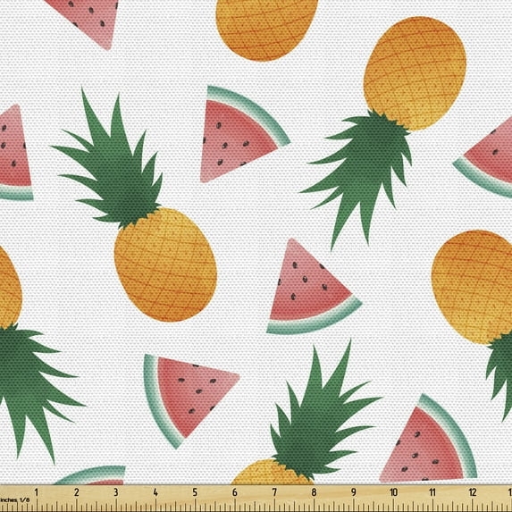 Ambesonne Tropical Fabric by the Yard Upholstery, Watermelon Slice Pineapple, 10 Yards, Marigold and Forest Green