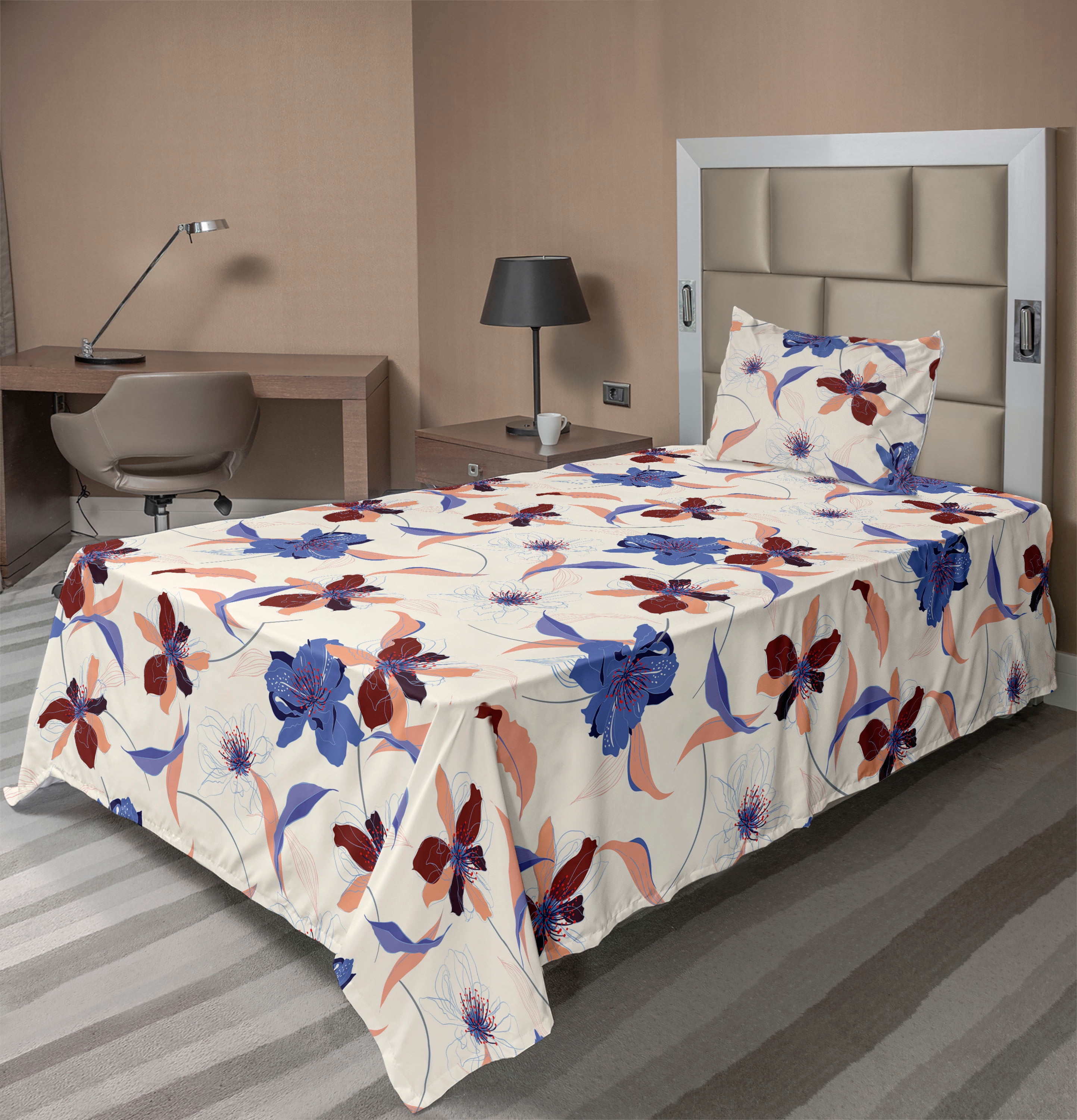 Ambesonne Tropical Fitted & Flat Sheet with Sham 3 Pcs Set, Continuous